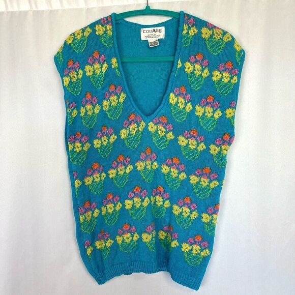 Rare Vintage 80s Collage Women’s M Blue Knit Sweater Vest Floral Pattern retro - Picture 6 of 6